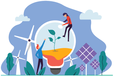 graphic with people and a plant inside a lightbulb and wind turbines