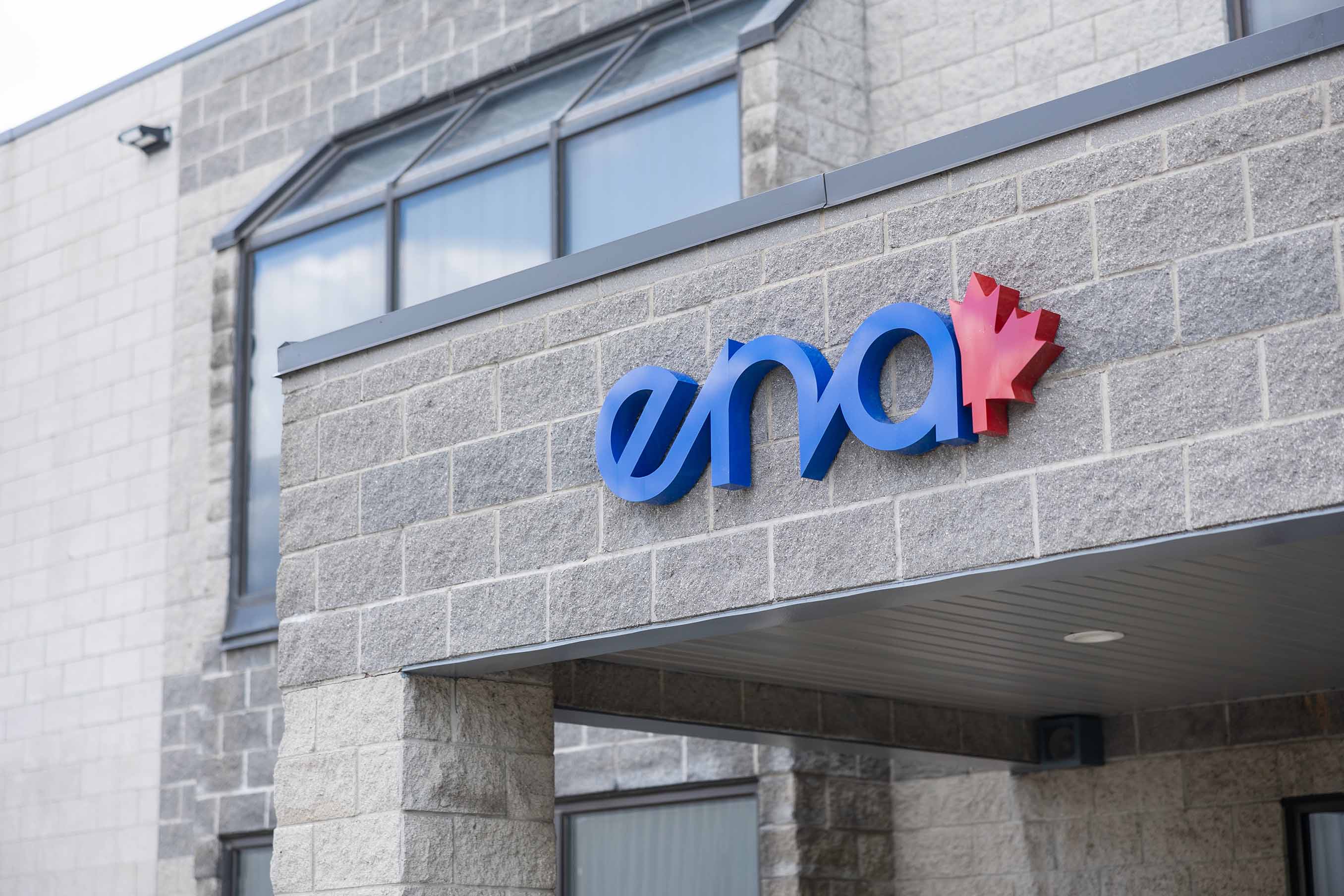 The exterior sign of ENA, blue with a maple leaf